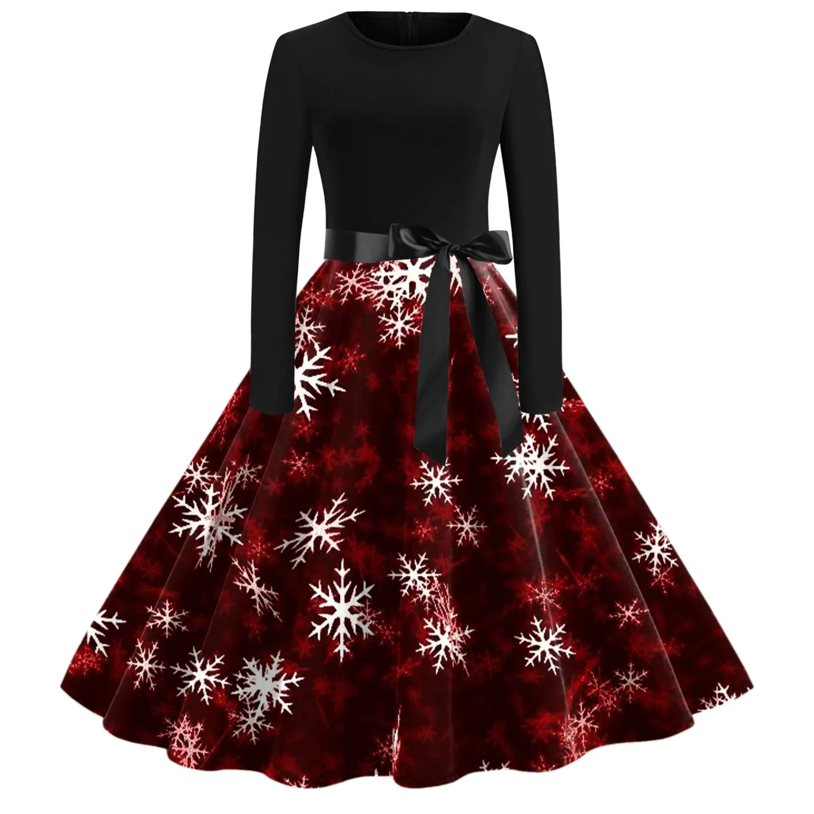 

Women Fashion Christmas Print Dress Round Neck Long Sleeve Big Swing Dress Elegant Christmas Holiday Midi Dresses For Women