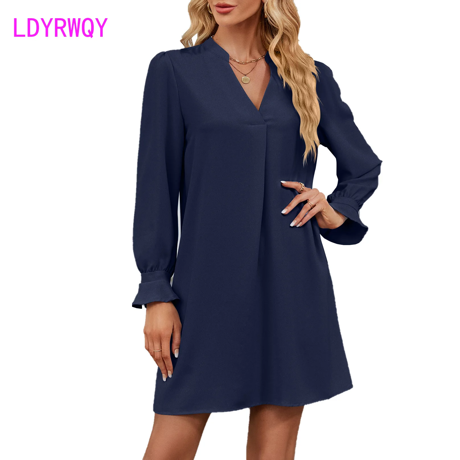 

Autumn and Winter New Solid V-Neck Loose Ruffle Long Sleeve Dress for Women