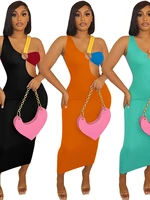new 2022 ribbed patchwork maxi dress women sexy sleeveless round button color match cut out cleavage body shaping female robe