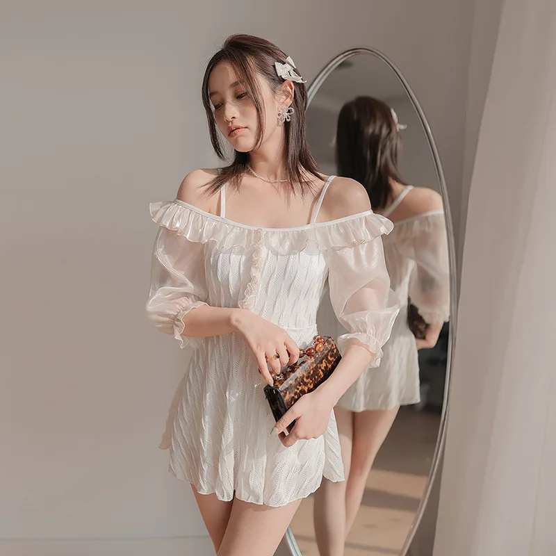 

New Swimsuit Women's Fashion Dress Style Conservative Boxer Long Sleeve Small Chest 2022 Hot Spring Women's Swimsuit