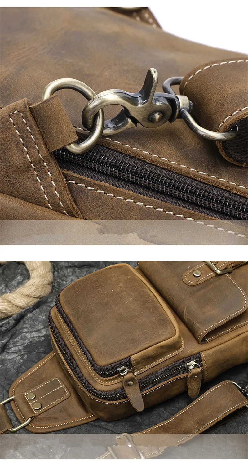 Vintage crazy horse cowhide men's chest bag fashion outdoor daily travel natural genuine leather multi-pocket shoulder bag