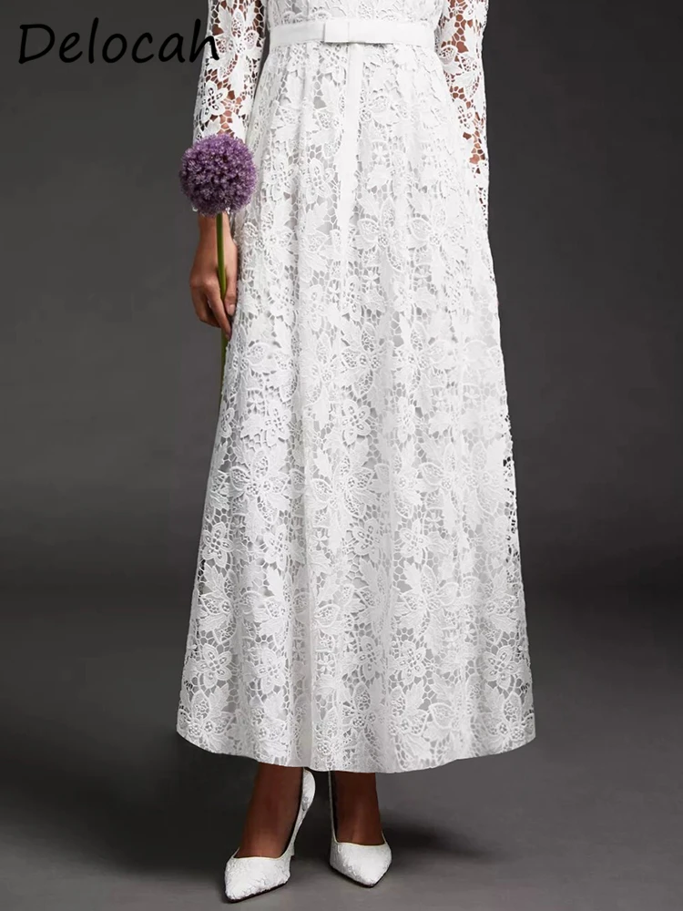 Женское платье макси Delocah белое кружевное с длинным рукавом и бантом высокой