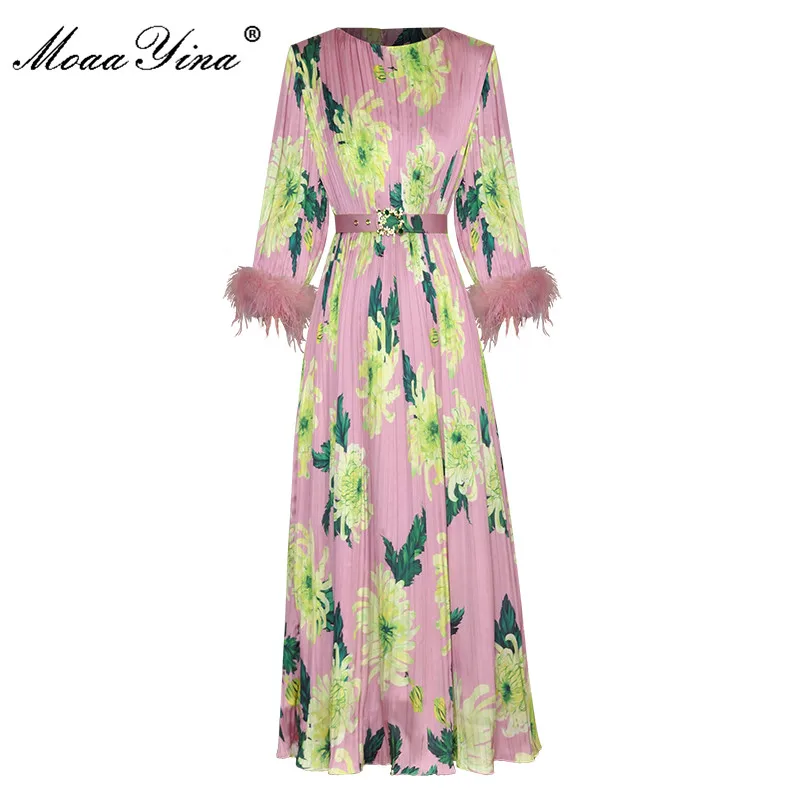 MoaaYina Fashion Runway dress Autumn Women Dress O-Neck Three Quarter sleeve Tassel Pink floral Printed pleated Dresses