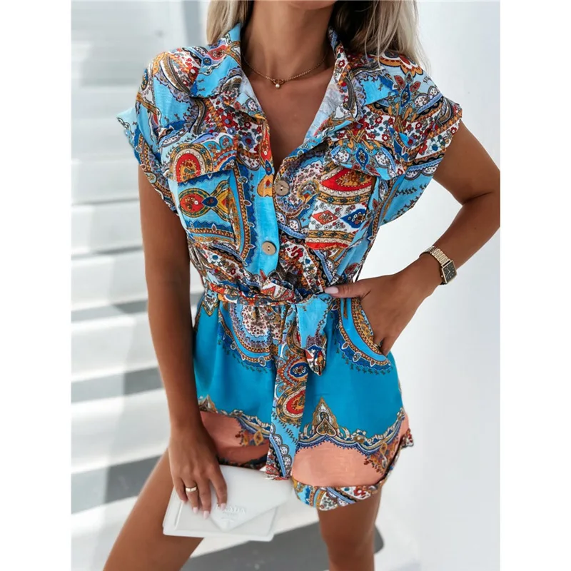 2023 Summer Overall Jumpsuit Women Summer Fashion Short Sleeve Bohemian Rompers Womens Outfits Playsuit Romper Casual One-pieces