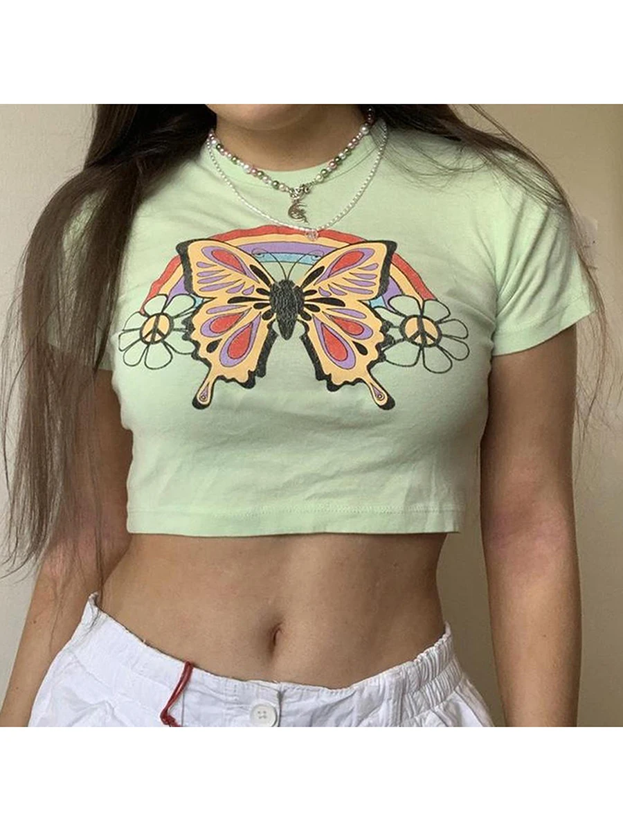 

Женские короткие топы с круглым вырезом, короткие рукава, укороченные топы с радужным цветочным принтом бабочки, Повседневная футболка до п...
