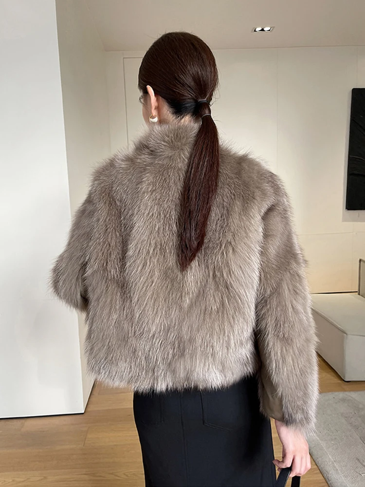 New Women Short Real Fur Coat Autumn Winter Luxurious Fashion Fox Belly Fur Down Cotton Lining Lace-up Thick Warm Fur Jacket