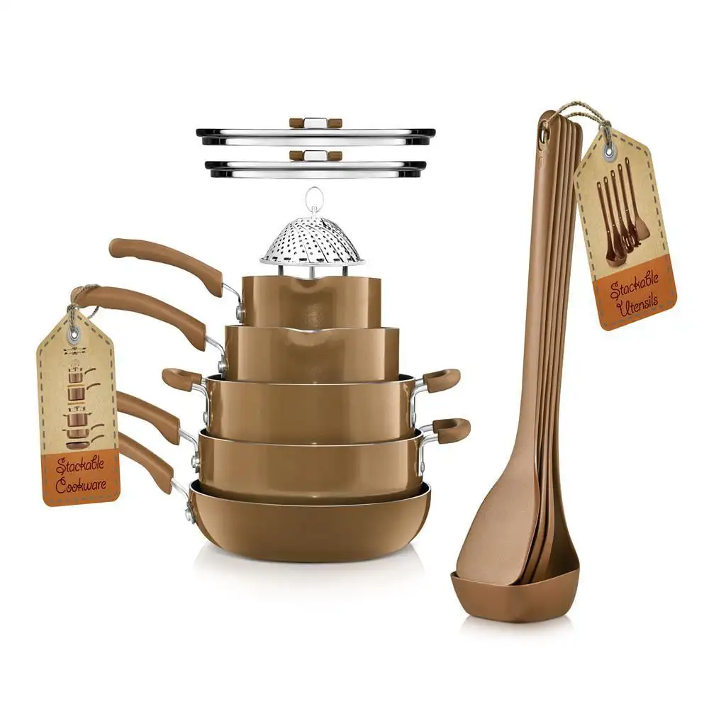 

NutriChef 17 Piece Non-Stick Cookware Set, Pots & Pans with foldable Knob, Space Saving, Stackable, Nylon Tools Set, Induction B