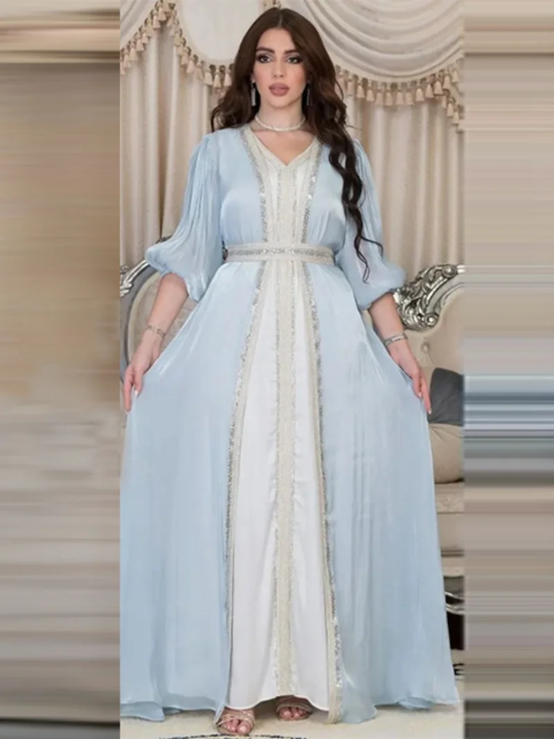 Dubai Abaya Luxury For Muslim Women Diamonds V-Neck Lace Tape Belted Kaftan 2pcs Modest Fashion Long Dresses Ramadan Clothes