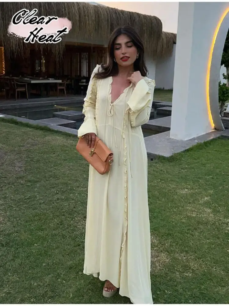 

Женское элегантное шикарное однотонное Плиссированное свободное платье, модные повседневные платья с V-образным вырезом и длинным рукавом, женские халаты в стиле High Street, лето 2023