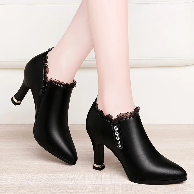 

Soft Leather Women's Thick Heel Shoes 2023 Spring Autumn Foreign Style High Heels Pointy Leather Fine Heel Shoes Work Occupation