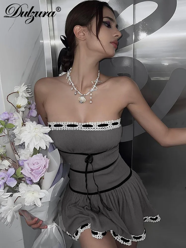 

Dulzura Strapless Ribbed Bow-Knot Sleeveless Mini Dress 2023 Summer For Women Sexy Kawaii Lace-Up Tube Y2K Vintage Elegant Club