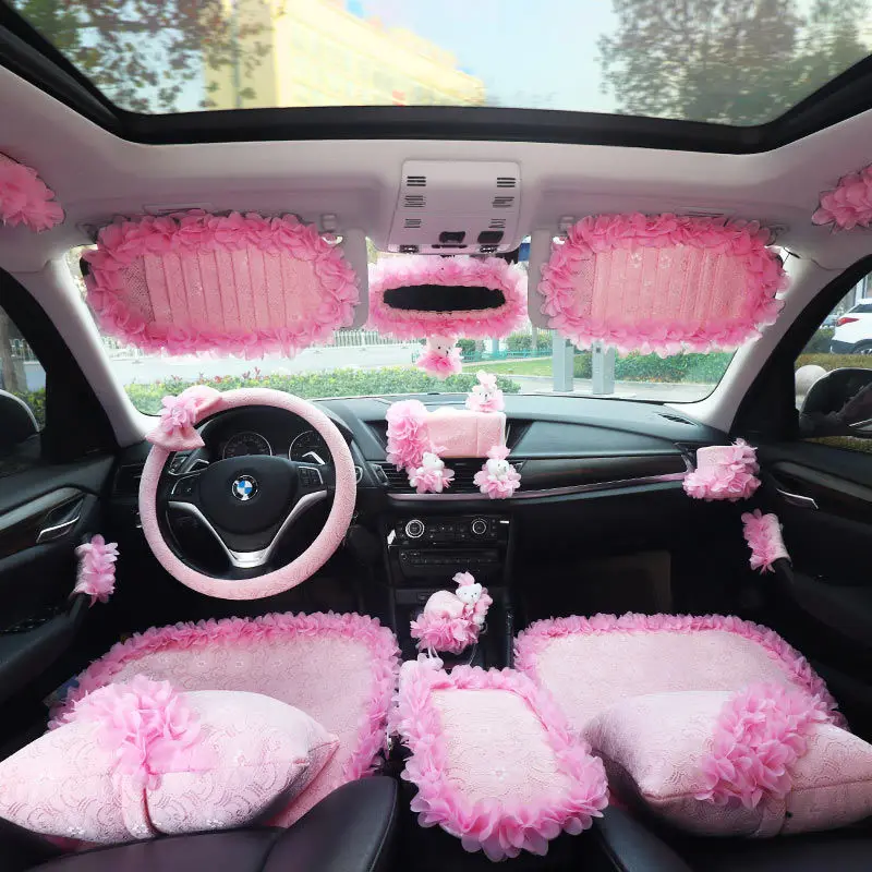 

Princess Car Interior Decoration Gear Safety Belt Shoulder Protection Rearview Mirror Sun Visor CD Clip Steering Cover Bear Case
