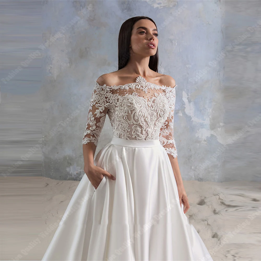 Элегантные блестящие атласные женские свадебные платья с открытыми плечами и