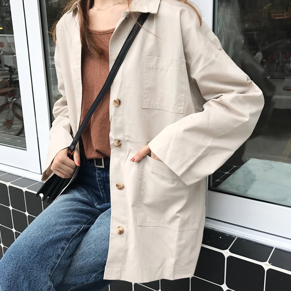 

Fashion Daily Top Button Ladies Casual Long Sleeve Big Pocket Turndown Collar Solid Spring Autumn Women Coat Outwear Loose