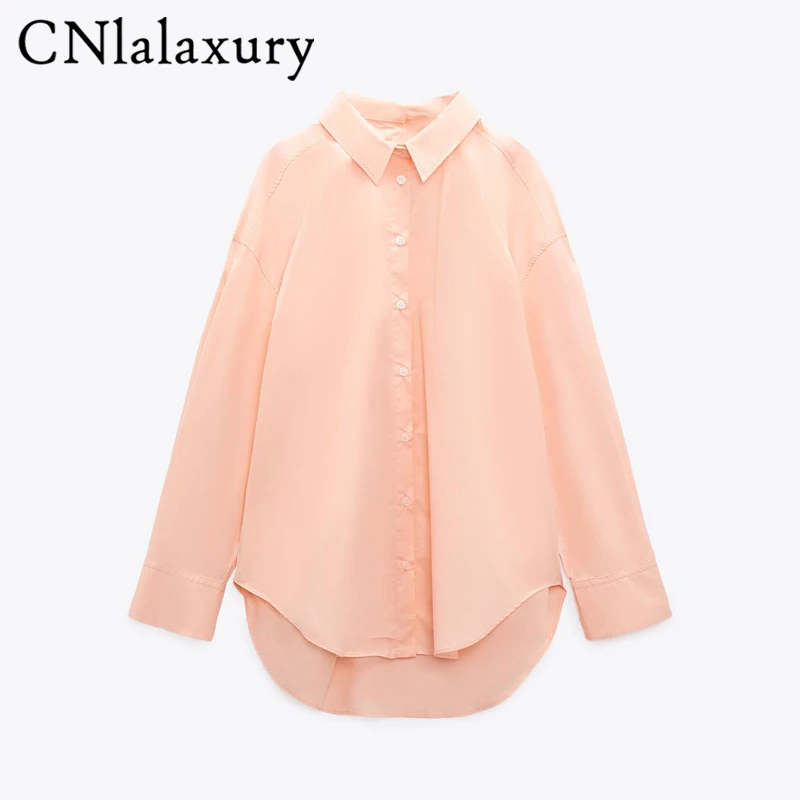 

CNlalaxury Women Spring Autumn New Blue Loose Poplin Shirt Long Sleeves Chic Office Lady Blouse Solid Color Top Female Blusas