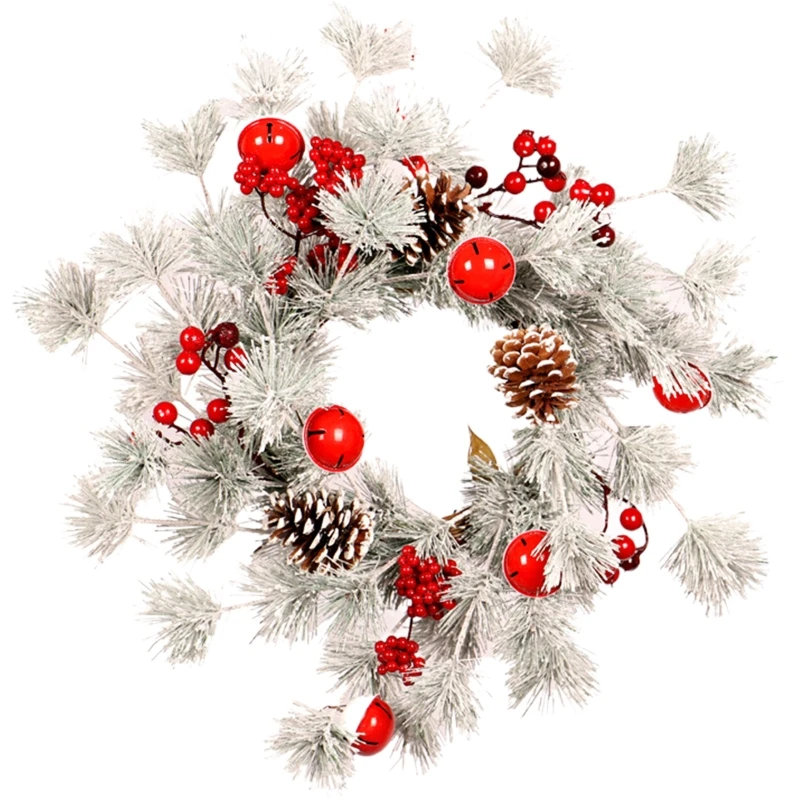 

Christmas Wreaths Decorations, Garland Ornament Artificial Christmas Wreaths With White Pine Needles, Bells, Red Fruits, Merry