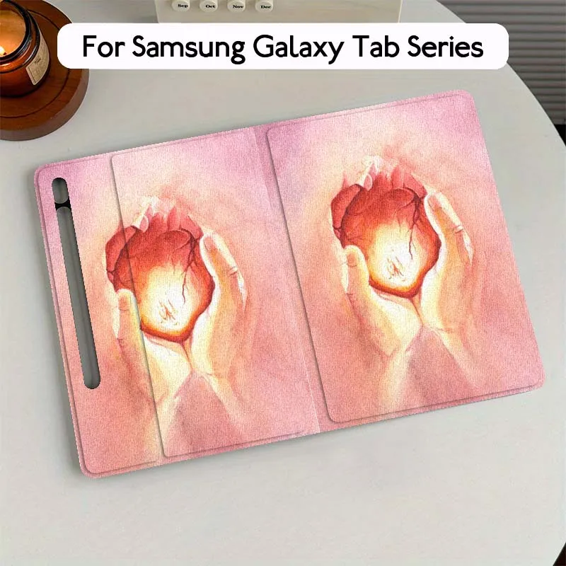 Фото Чехол для планшета Samsung Galaxy Tab S7 S8 S9 S10 FE Lite с изображением светящихся рук, держащих сердце, в подарок №3