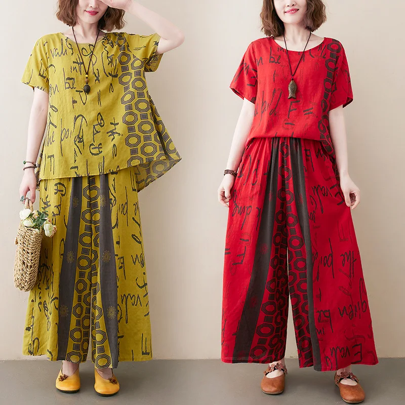 

Cotton Vintage Print 2 Two Piece Set Short Sleeve Loose Casual Summer Tee T-shirt Women Tops Elegant Clothes 2022 Wide Leg Pants