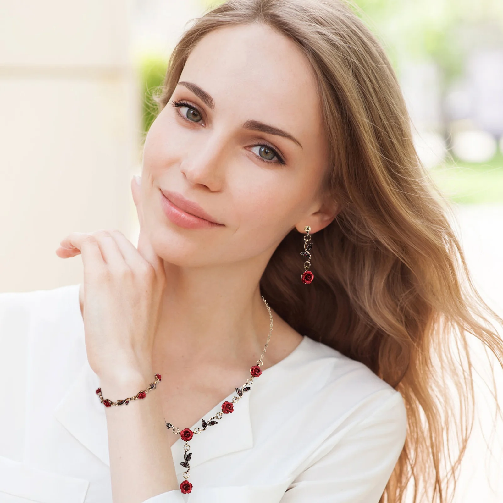 

1 Set Red Rose Flower Leaf Necklace Earrings Bracelet​ Set Women Jewelry Set