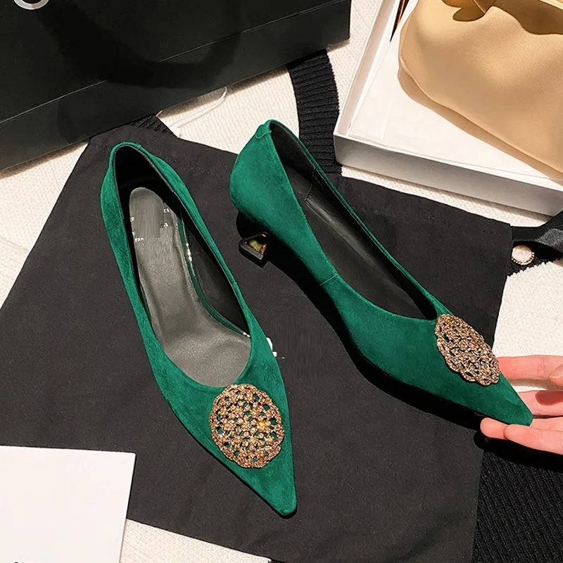 

Pumps 4 Women cm Dress Kid Suede High Heels Elegant OL Shoes On Heel With Crystals Pointed Toe Green