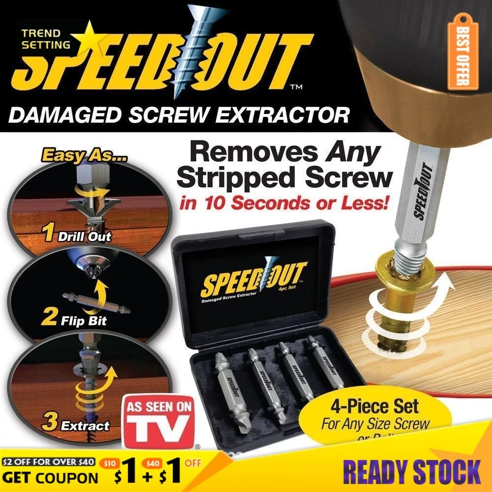 

4Pcs/Set Broken Damaged Screw Removers Extractor Drill Bit Guide Set Broken Bolt Fastener Easy Out Kit With Plastic Box