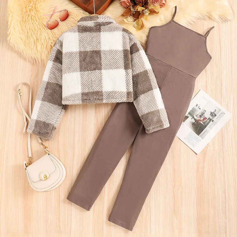 2024 Clothing Set Girls Long Sleeve Turn-down Collar Plaid Coat Letter Brown Ropmers 2 Pcs Sets Casual Clothes 8-12T
