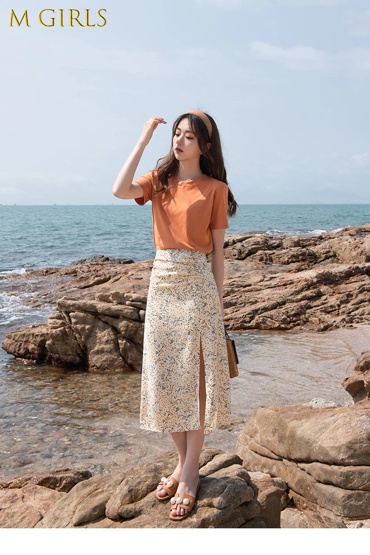 

M GIRLS Summer New Skirts For Women Causal Printed High Waist Aline Hem Slit Women's Skirt Fahsion Beach Skirt