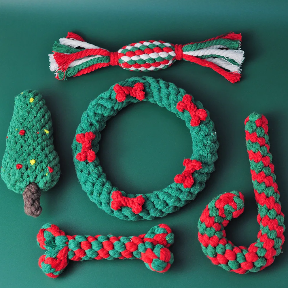 

New Christmas Pet Cotton Rope Toy Cleaning Dog Interactive Toy Bite-resistant Molar Dog Toy Set Puppy Christmas Gift