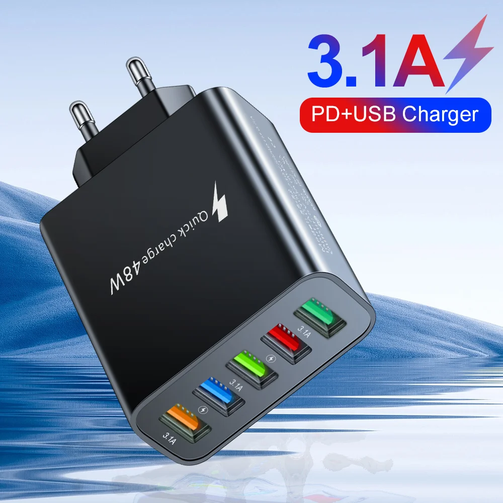 

USB Charger 5 Ports 48W Quick Charger 3.0 Wall Adapter Fast Charging For iPhone 14 13 Samsung Xiaomi Mobile Phone Wall Charger