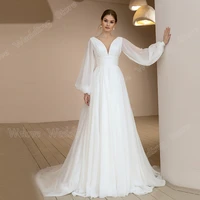 vintage summer wedding dress for bride v neck floor length puff sleeves bridal gown with pleat a line long train vestido novia