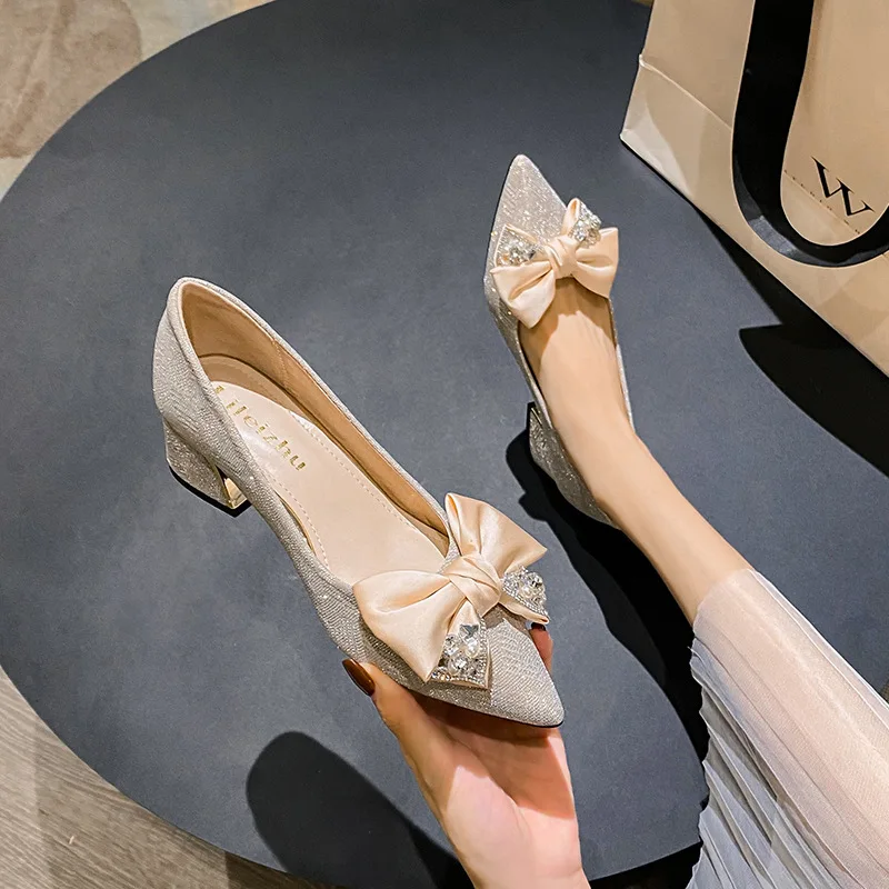 Size 35-43 Women Pointed Toe Leather Flats Shoes Heels Pumps Designer Style Party Wedding Bowknot Office Lady Slip on Dress Shoe