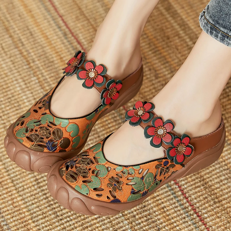 

Women Summer Hollow Sandals Genuine Leather Slippers Mules Round Toe Flowers Outdoor Casual Slides Ladies Flat Shoes Handmade PU