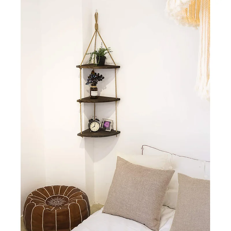 Настенная угловая полка с веревкой из джута