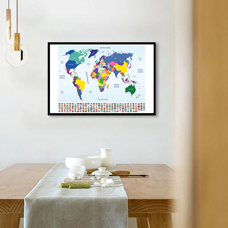 

84*59cm The World Map with National Flags Canvas Painting Wall Art Poster Living Room Classroom Home Decor School Supplies