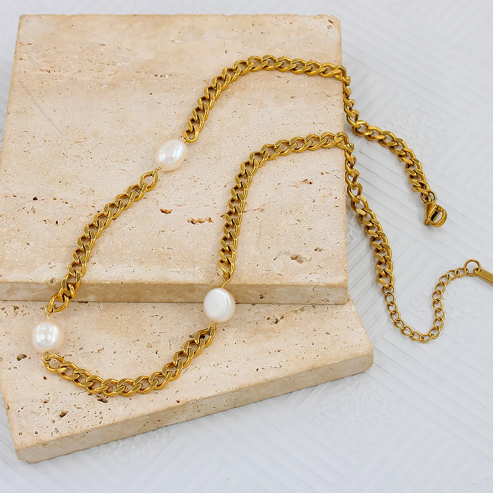 

Ожерелье из кубинской цепи с натуральным пресноводным жемчугом