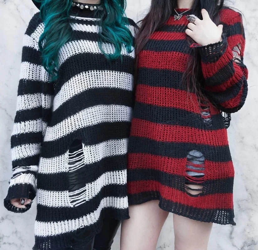 

2022 Gothic Sexy Hollow Knitted Loose Sweater Thin Stretch O Neck Ripped Hole Cool Dress Top Stripe Dark Goth Lolita Rock Street