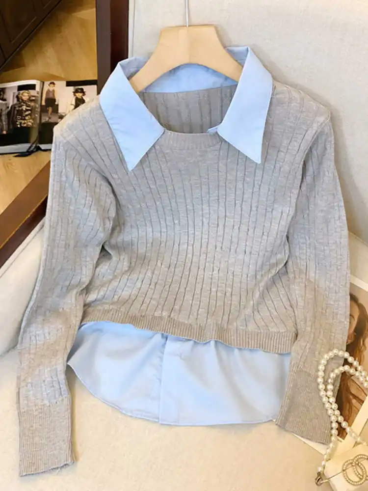 Женский серый пуловер с воротником поло свитер в стиле Харадзюку корейский