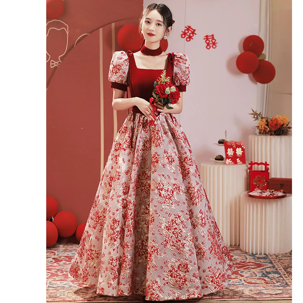 

Vintage Square Collar Puff Sleeve Princess Dresses Elegant Velour Patchwork High Waist Fromal Dress Burgundy Wedding Party Gowns