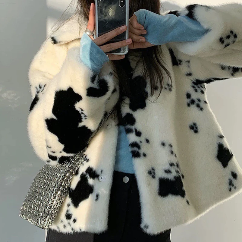 Winter Cow Pattern Faux Mink Fur Coats Women Long Sleeve Turn-down Collar Thick Coat Korean Fashion Warm Fur Cropped Jacket New