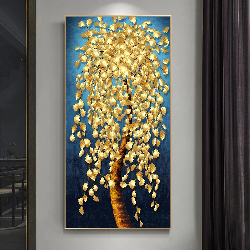 

Golden Leaves Fortune Tree Blue Background Art Canvas Painting Posters and Prints Luxury Wall Art Pictures for Living Room Aisle