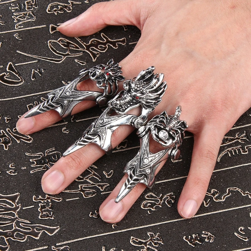 

6 Pcs Gothic Punk Men's Full Finger Double Loop Ring Joint Armor Ring Silver