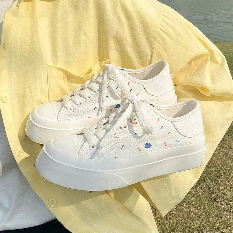 

2022 Spring Summer Thick Bottom White Canvas Flat Platform Vulcanized Canvas Shoes for Women Female Students Sneakers New