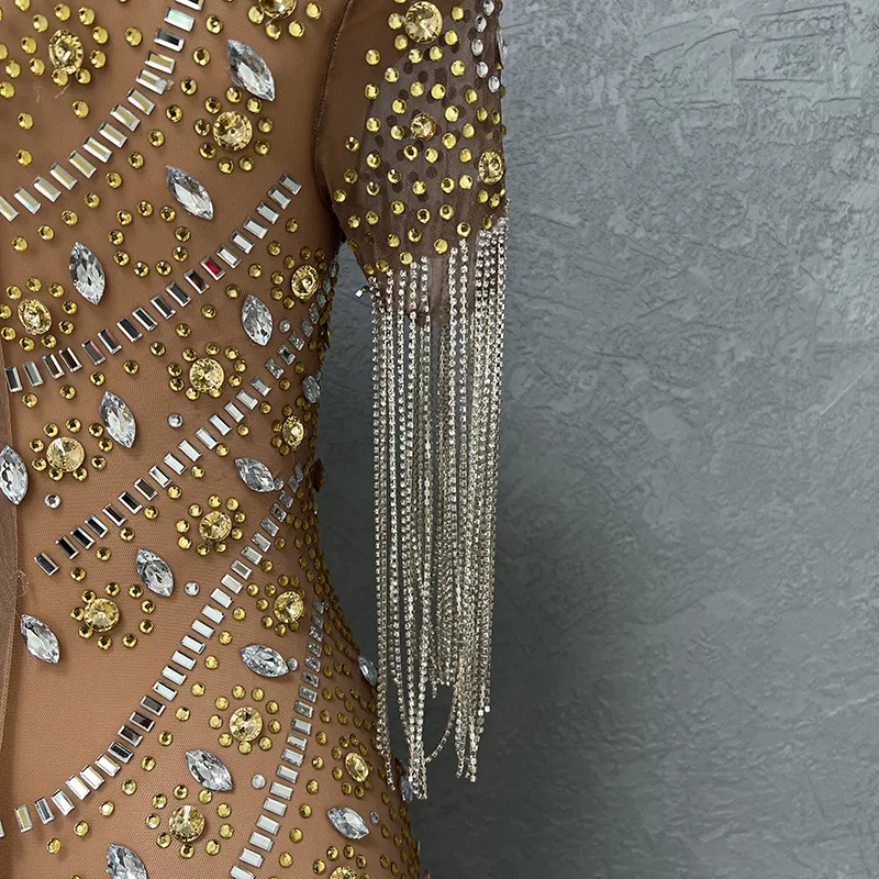 Luxurious Shining Big Crystals Mesh Sexy Bodysuit Sparkly Birthday Arty Nightclub Outfit Singer Stage Performance Dance Costume