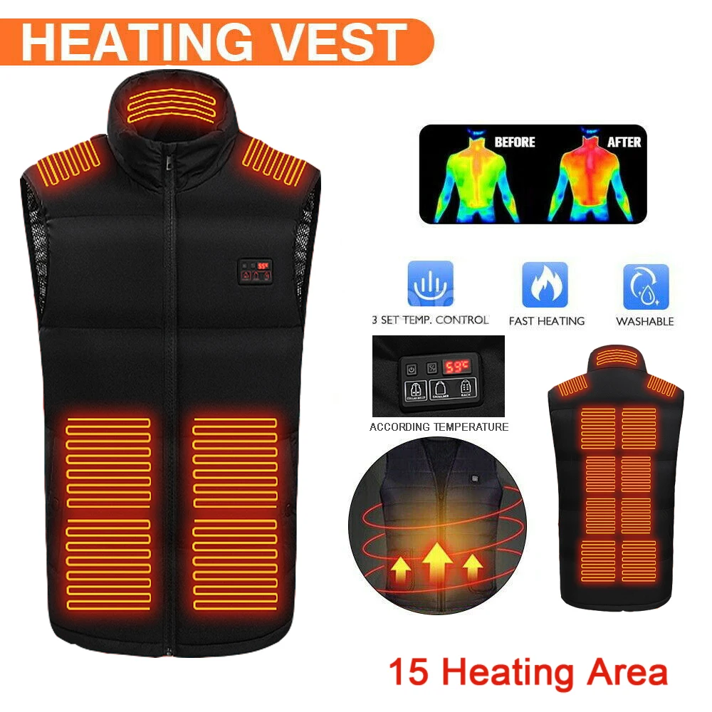 

15 Areas Heated Vest Jacket USB Mens Women Electric Heating Thermal Waistcoat Warm Winter Heated Clothes Self Heating Vests
