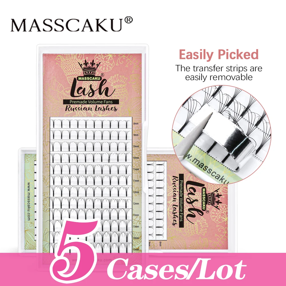 

5cases/lot MASSCAKU C/CC/D/DD Curl Long Stem Premade Volume Fans Natural Long Individual Russian Volume Eyelash Extensions