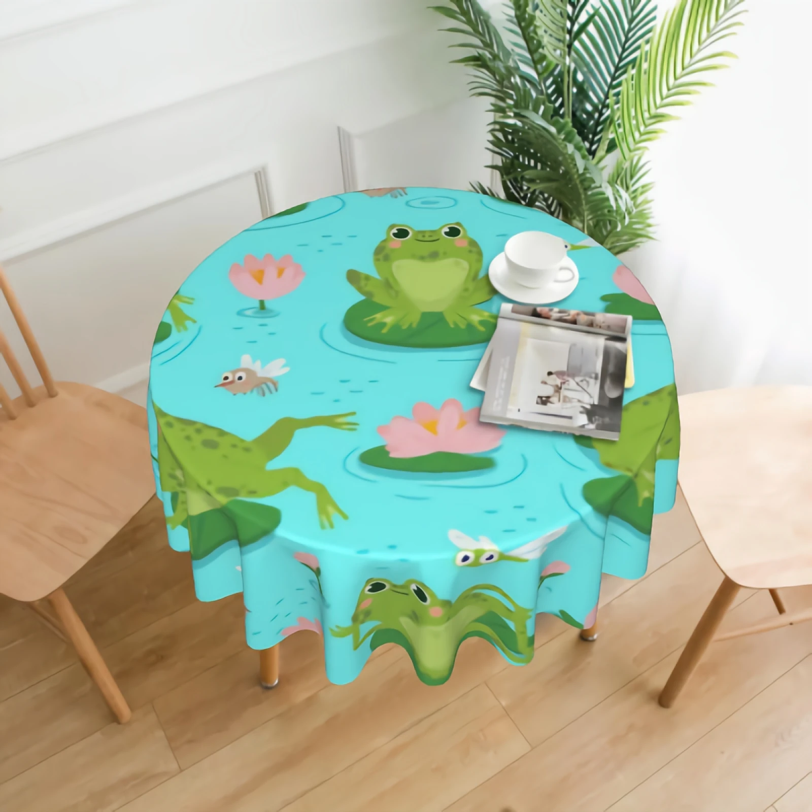 

Funny Green Frogs Round Tablecloth Waterproof Pink Water Lily Flowers Table Cloth Cover Washable 60" Dining Decorative