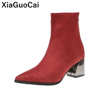 high heels woman ankle boots pointed toe flock female short chelsea boots high quality women shoes sexy footwear solid color