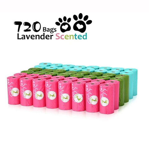 Биоразлагаемые гигиенические пакеты для выгула собак и кошек, экологически чистые, плотность 15 микрон, 18/48 рулонов 270/720 штук. Цвета: зелёный, голубой, розовый с ароматом лаванды.