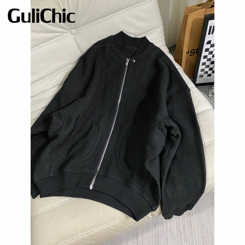

Женская однотонная куртка GuliChic 11,18 года, свободная черная шерстяная куртка на молнии с воротником-стойкой