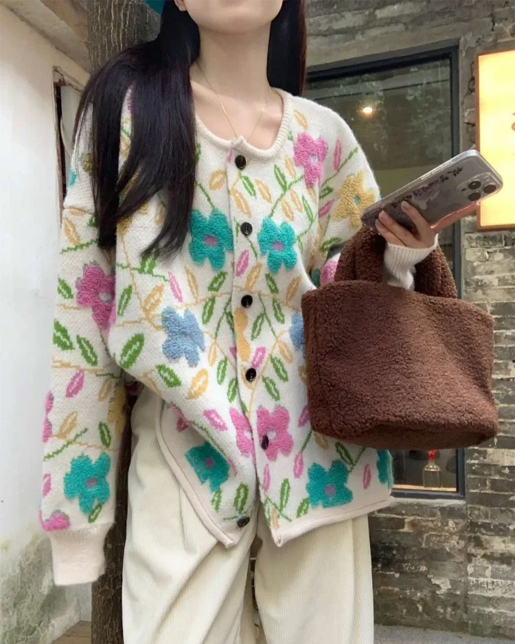 Ezgaga вязаный кардиган женский сладкие цветы однобортный с круглым вырезом